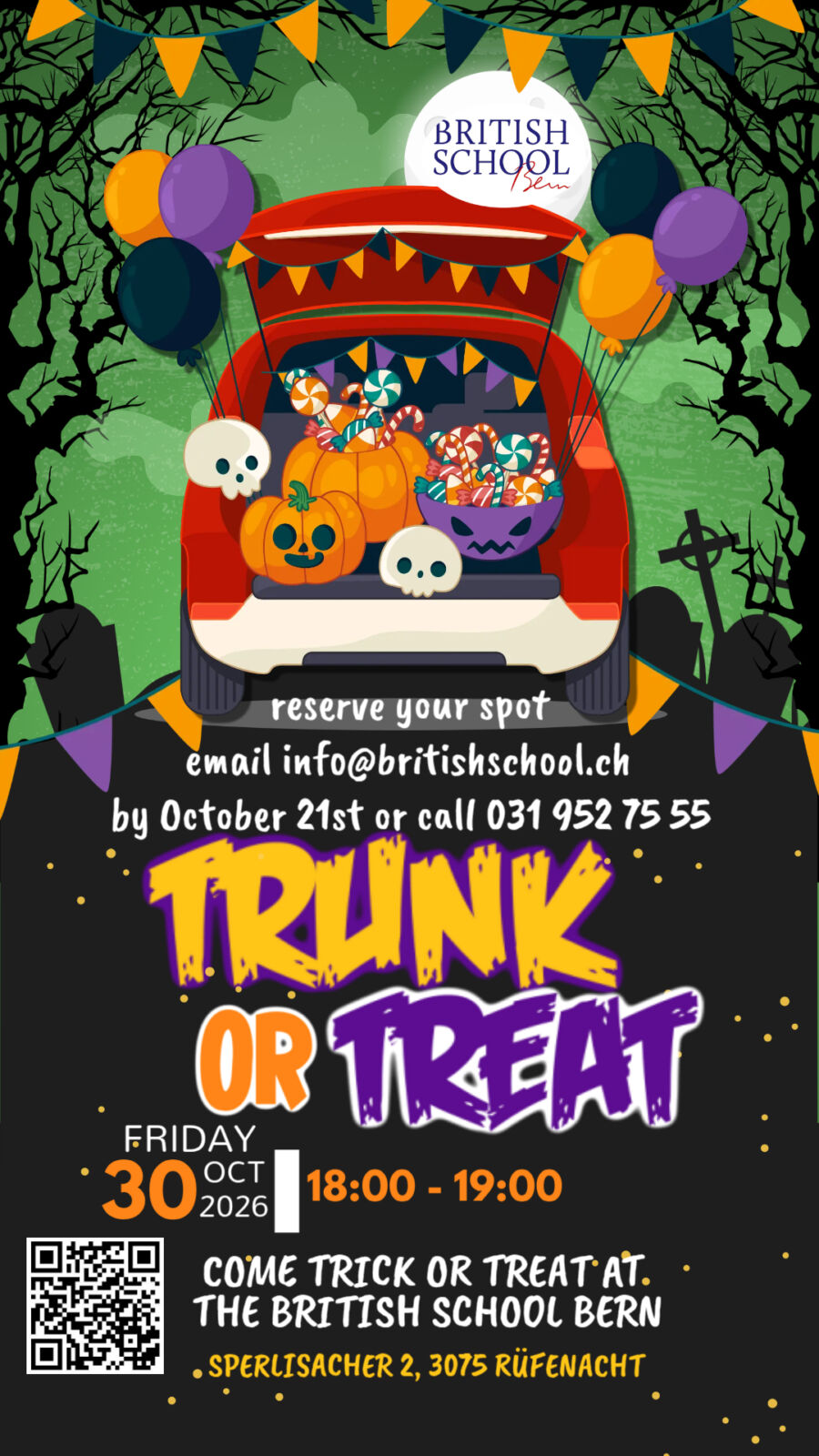 Flyer: Trunk or Treat at The British School Bern, Friday 30 October 2026, 18:00 to 19:00