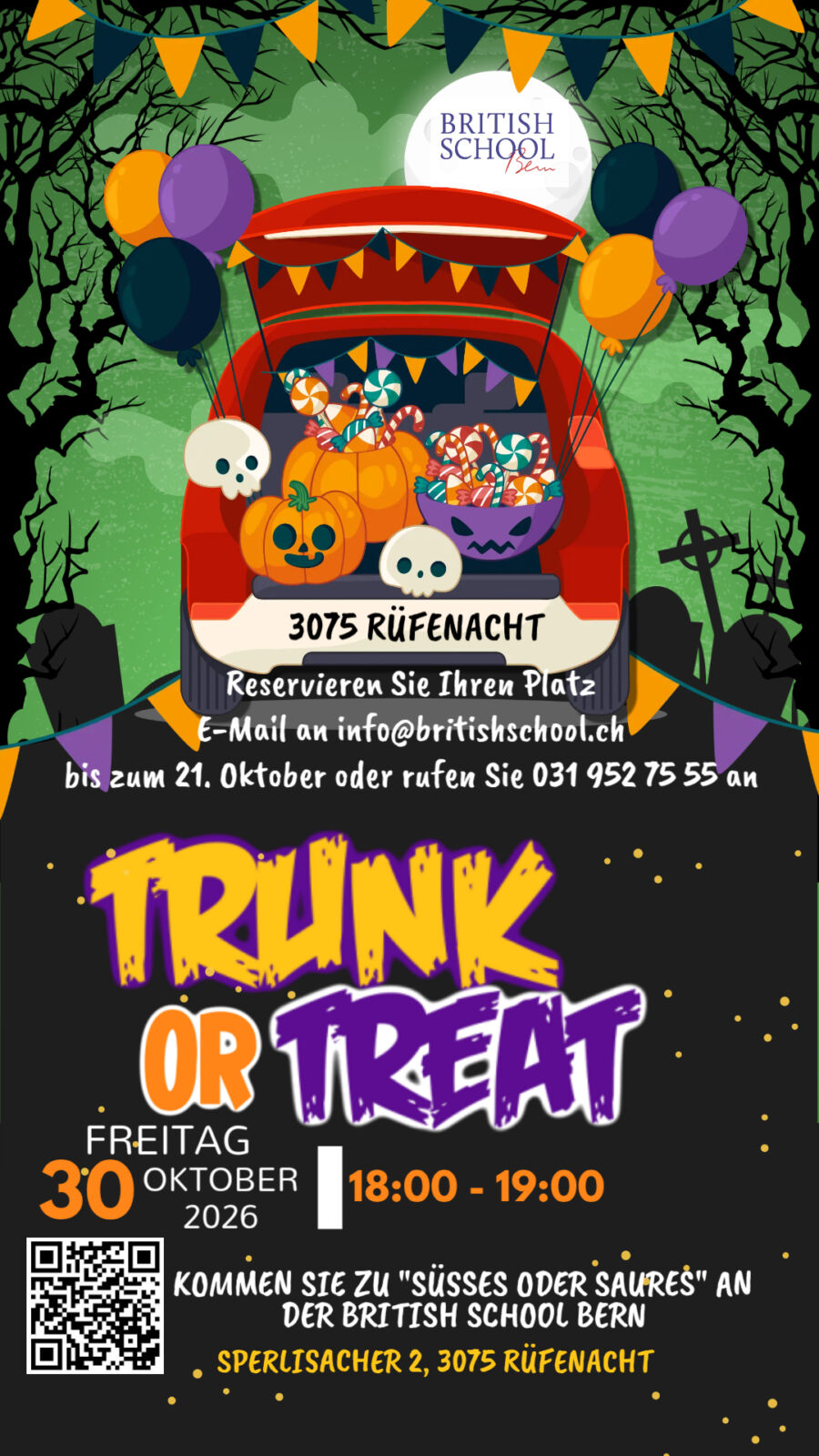 Flyer (German): Trunk or Treat at The British School Bern, Friday 30 October 2026, 18:00 to 19:00