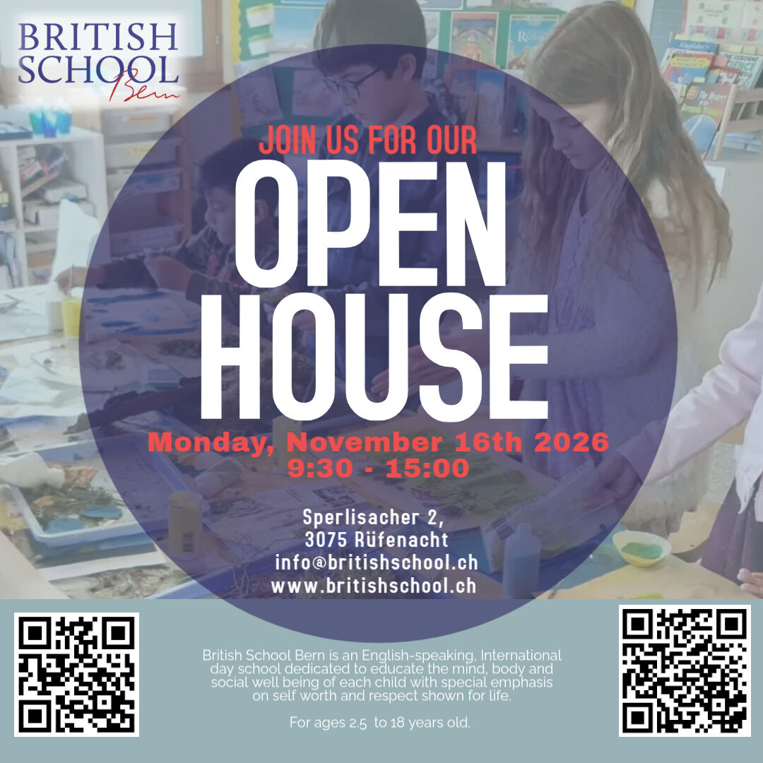 Flyer: Open House at The British School Bern, Monday 16 November 2026, 9:30 to 15:00